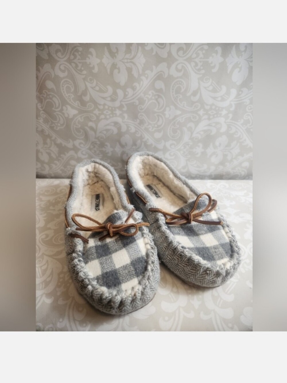 Womans Grey Plaid Minnetonka Moccasin Slippers